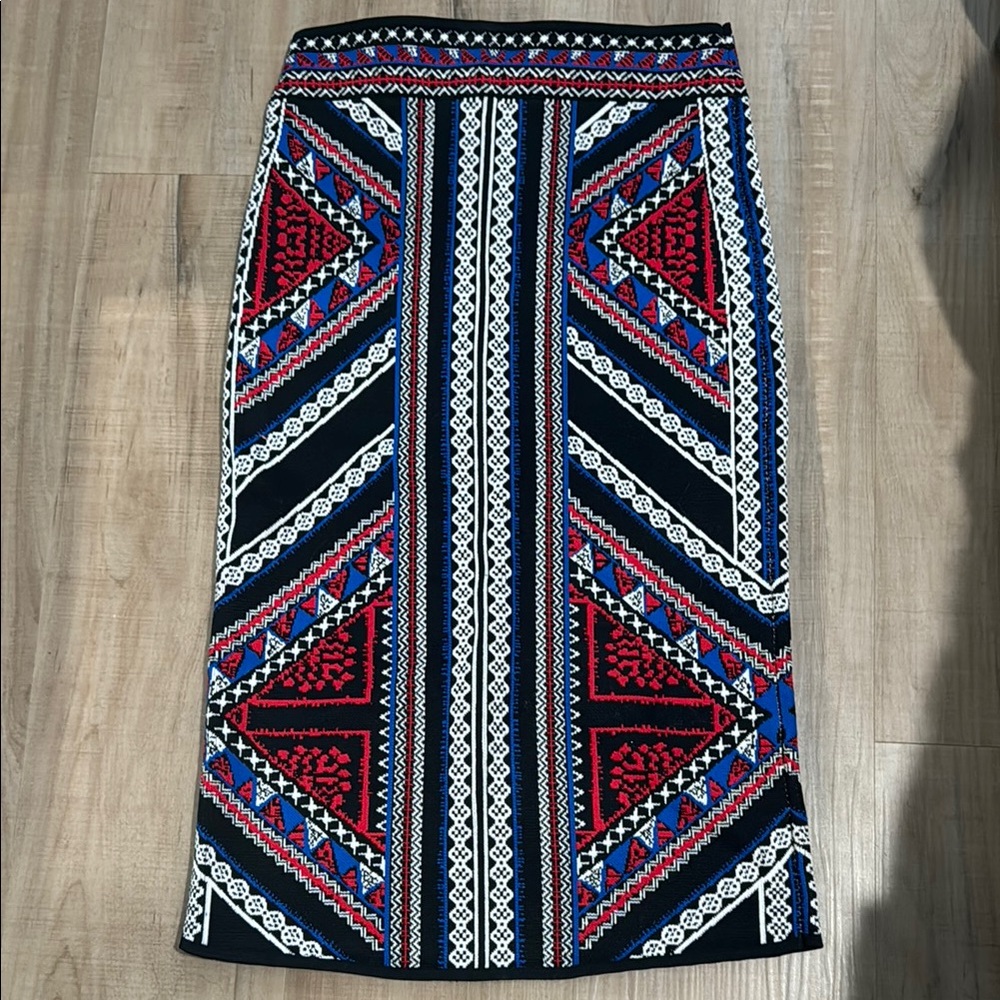 Geometric Patterned Skirt - Red, Blue, Black